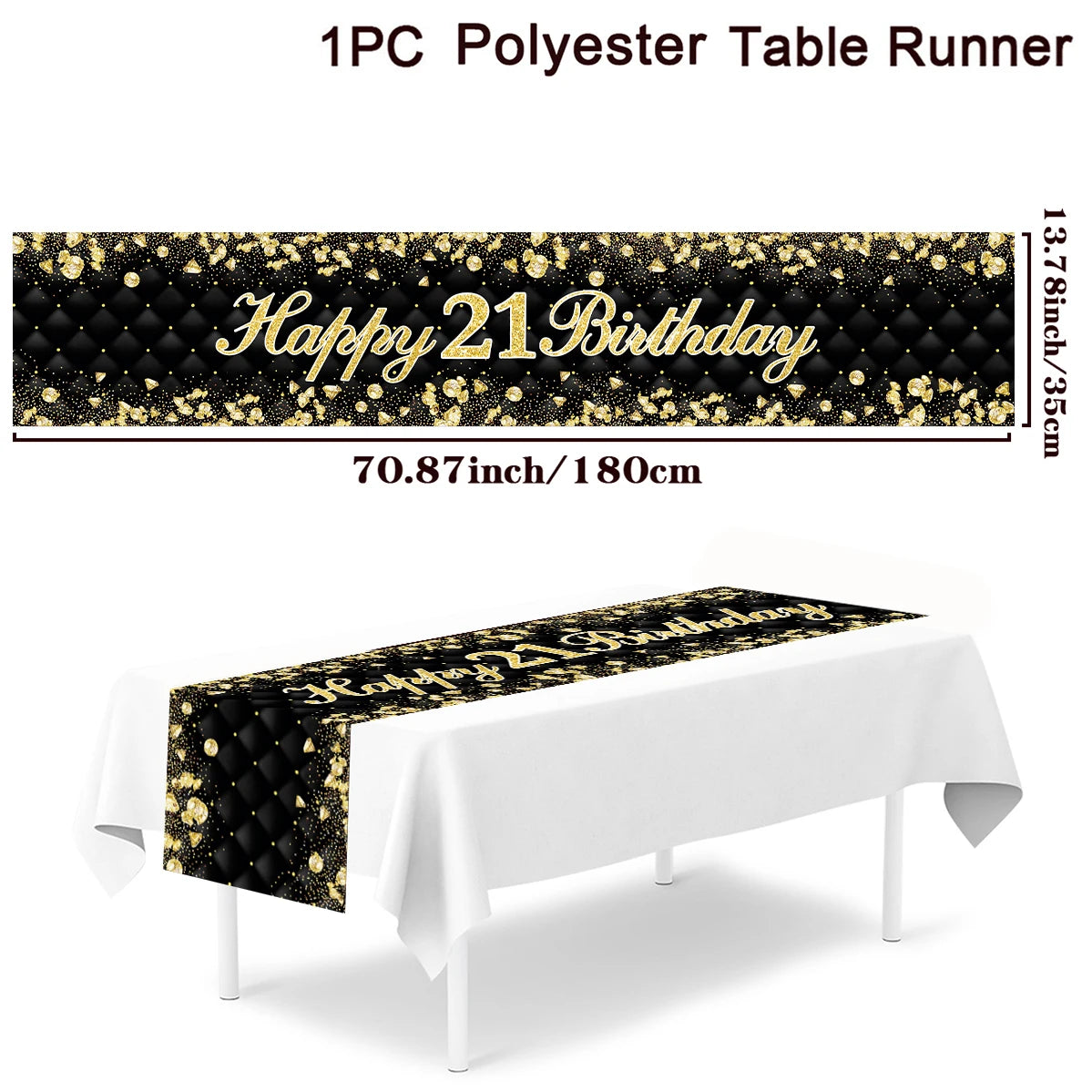Black gold birthday table runner and tablecloth for 18, 30, 40, 50 celebrations, decorative table cover for parties and anniversaries