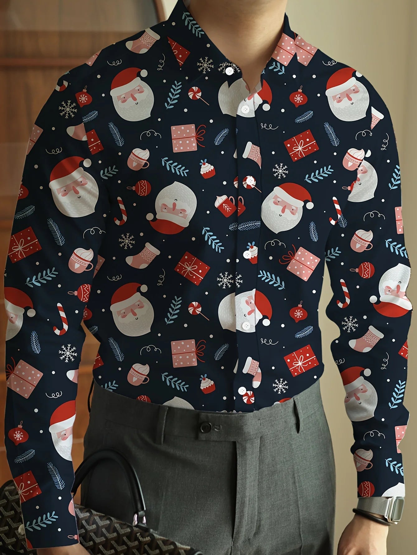 Men's Christmas festival-themed formal shirt with 3D printed Santa Claus and Christmas tree graphic, long sleeve design by Showlu Fashion.