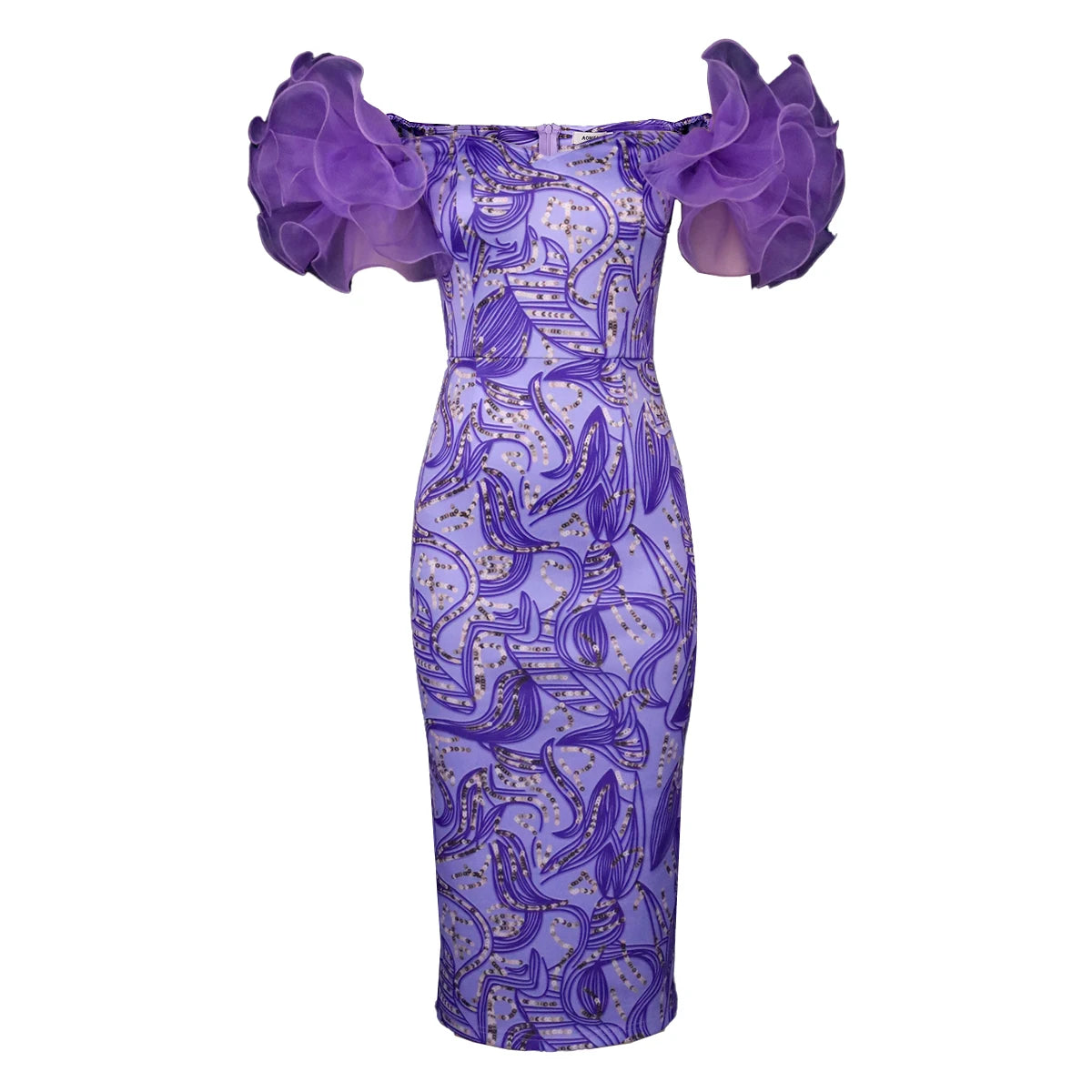AOMEI women's tulle floral print midi dress with puff sleeves, retro style, suitable for parties and special occasions.