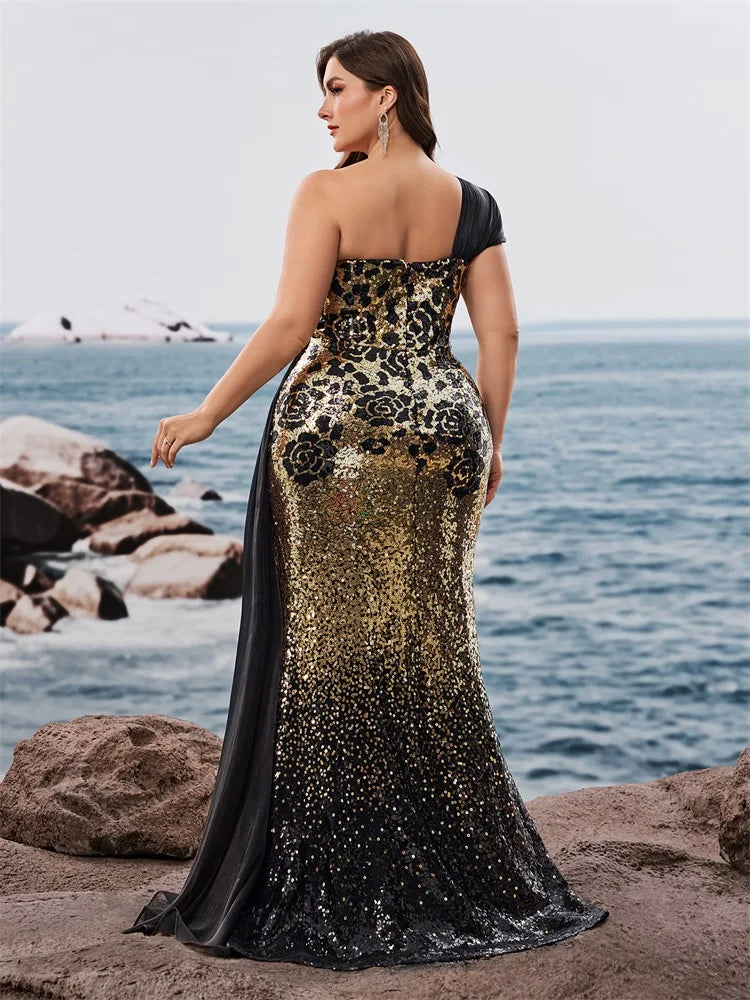 Elegant plus size off-shoulder sleeveless evening dress by Showlu Fashion with a slit, mermaid silhouette, and luxurious ribbon detail.