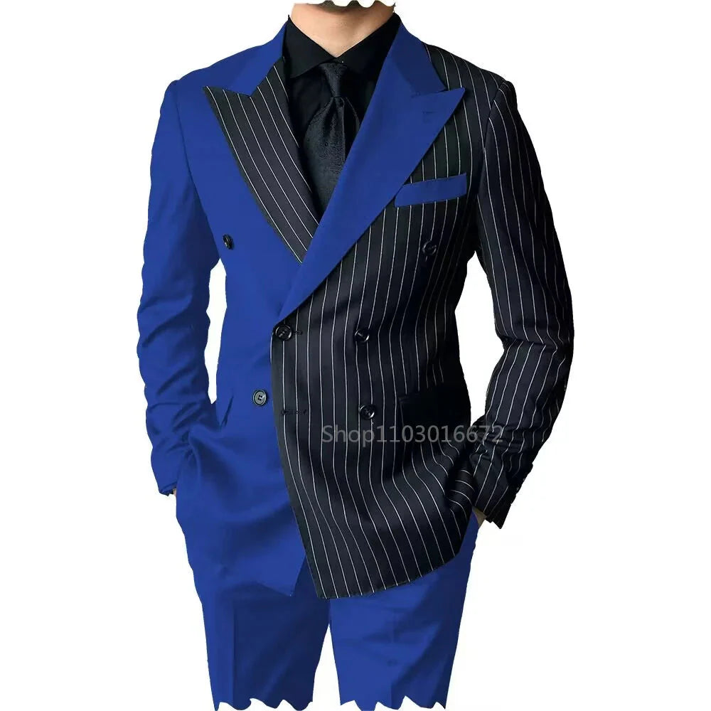 Slim fit SHOWLU men's 2-piece suit with double-breasted wool blend tuxedo jacket and matching trousers, tailored for a sharp look.