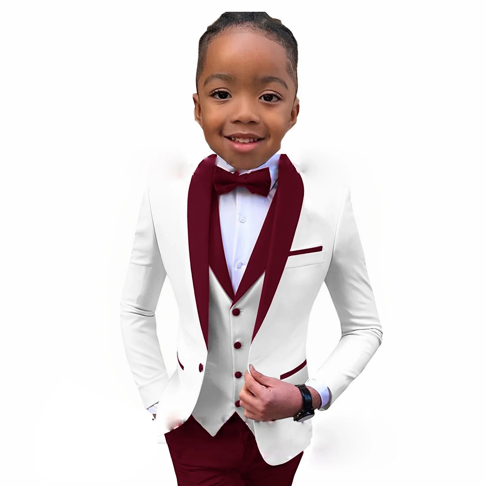 White boys' tuxedo suit with royal blue collar, three-piece formal wedding outfit for children ages 2-16, by Showlu Fashion.