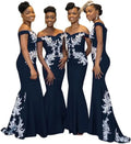 Burgundy off-the-shoulder mermaid satin bridesmaid dress by JC&STAR, featuring fitted bodice and elegant flowing skirt