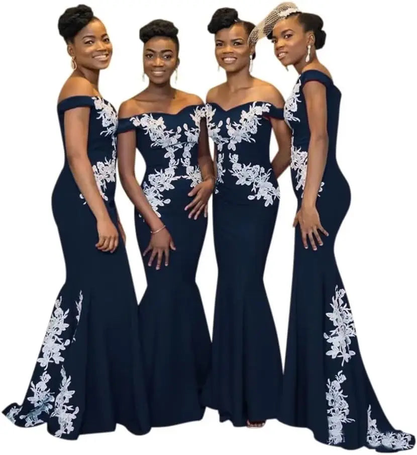 Burgundy off-the-shoulder mermaid satin bridesmaid dress by JC&STAR, featuring fitted bodice and elegant flowing skirt