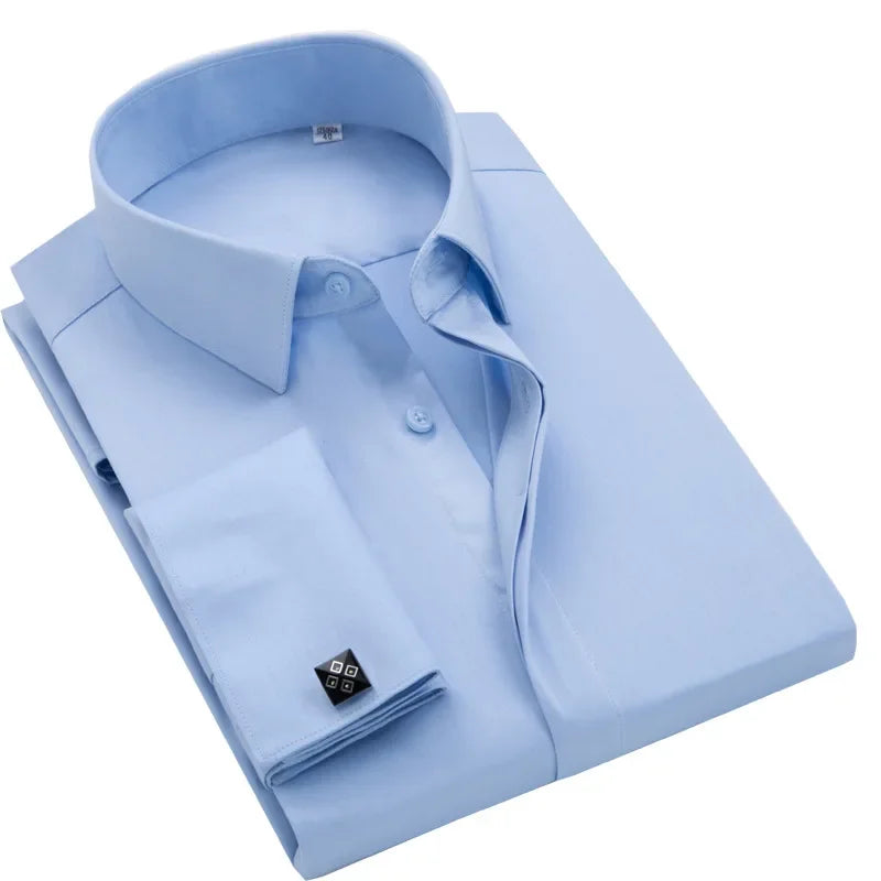 French Cufflink Men's Long Sleeve Bamboo Fiber Covered Button Shirt Slim Fit  Wedding Dress Sleeve Spikes Business Dress  Shirt