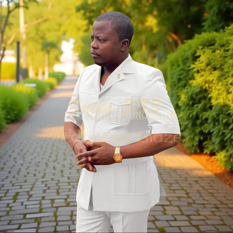 Safari men’s short sleeve suit set by Showlu Fashion, includes single-breasted jacket and matching pants in African fashion style.