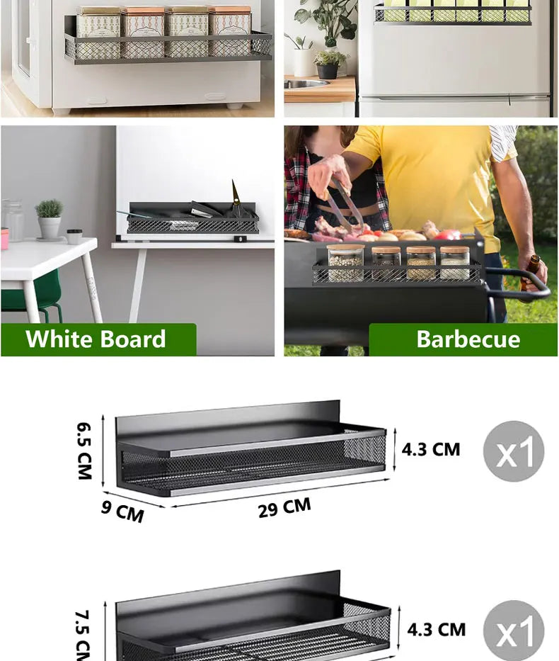 Magnetic fridge organizer shelf by Showlu Smart General mounted on refrigerator door, holding kitchen supplies.
