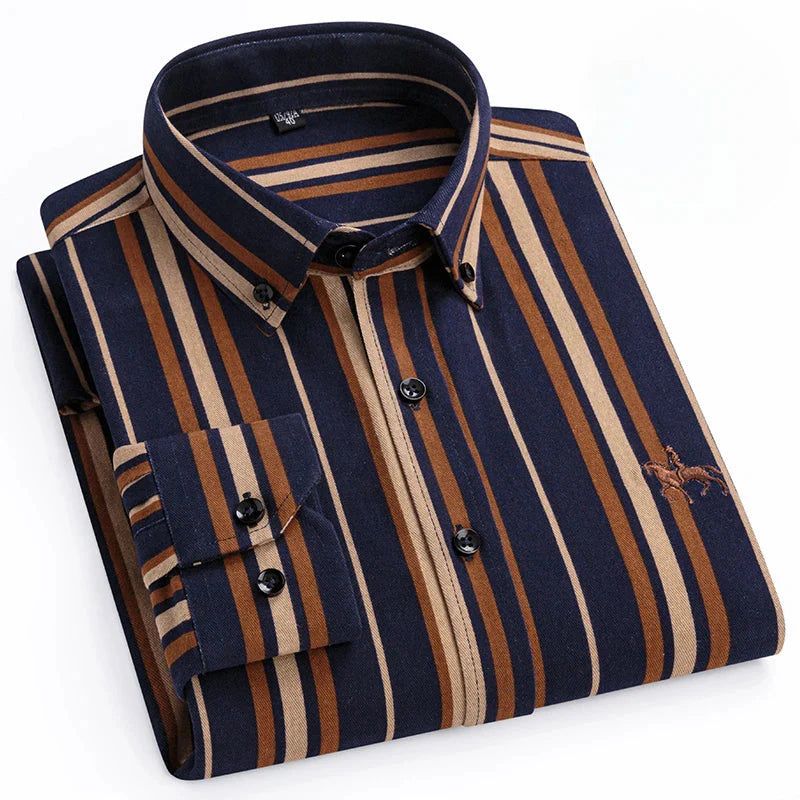 Men's SHOWLU FASHION STORE Qi Xiu Cai slim fit long-sleeve casual shirt in 100% cotton, 6XL size, shown in dark color.