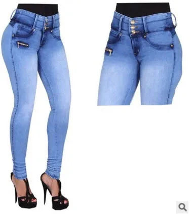 Naupang women's high-waisted skinny pencil jeans with Y2K pleated denim details, shown in a stylish fit and classic blue color.