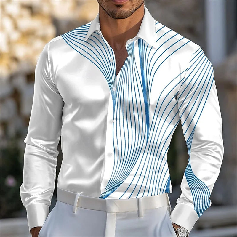 Men's abstract liquid art satin shirt by Showlu Fashion, long sleeve casual shirt in pink, blue, gold, and green, perfect for summer and spring.