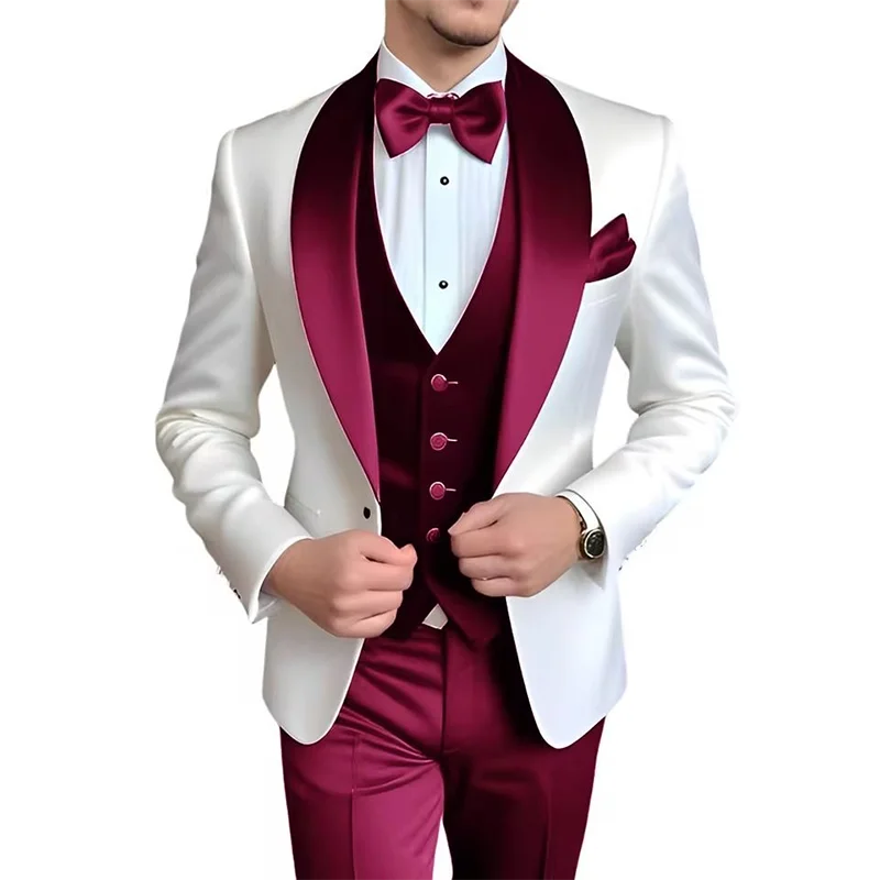 Men's blue and white 3-piece designer tuxedo suit from Showlu Fashion, perfect for weddings, parties, and formal occasions.