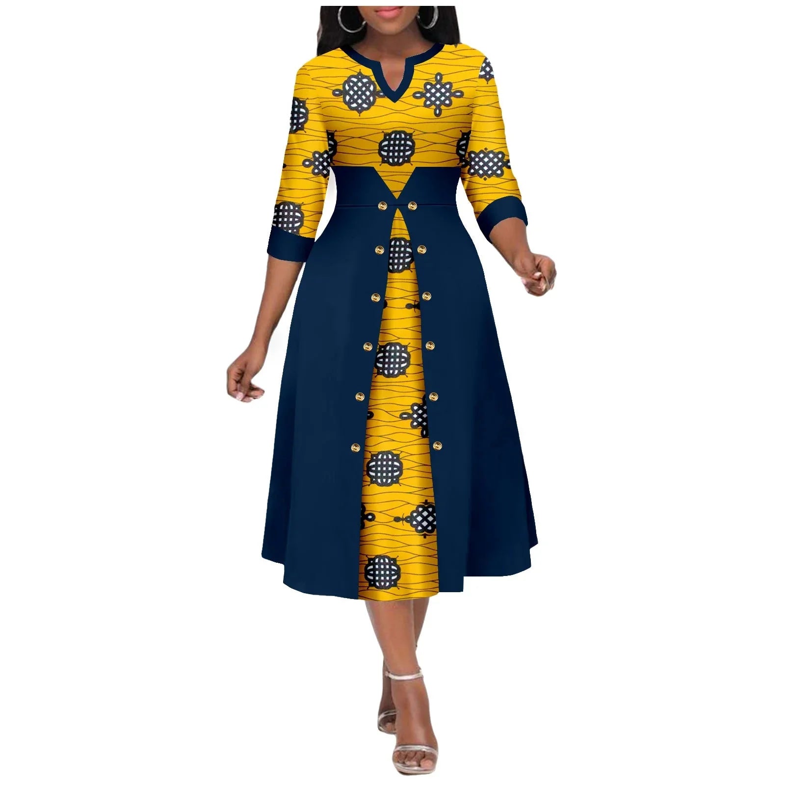 AFRIPRIDE women's Ankara print V-neck dress with cotton A-line midi skirt, featuring vibrant traditional African fabric design.
