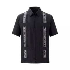 Fashion Zipper Men's Guayabera Shirts Four Pocket Embroidered Traditional Short Sleeve Shirts for Men Mexican Cuban Shirts
