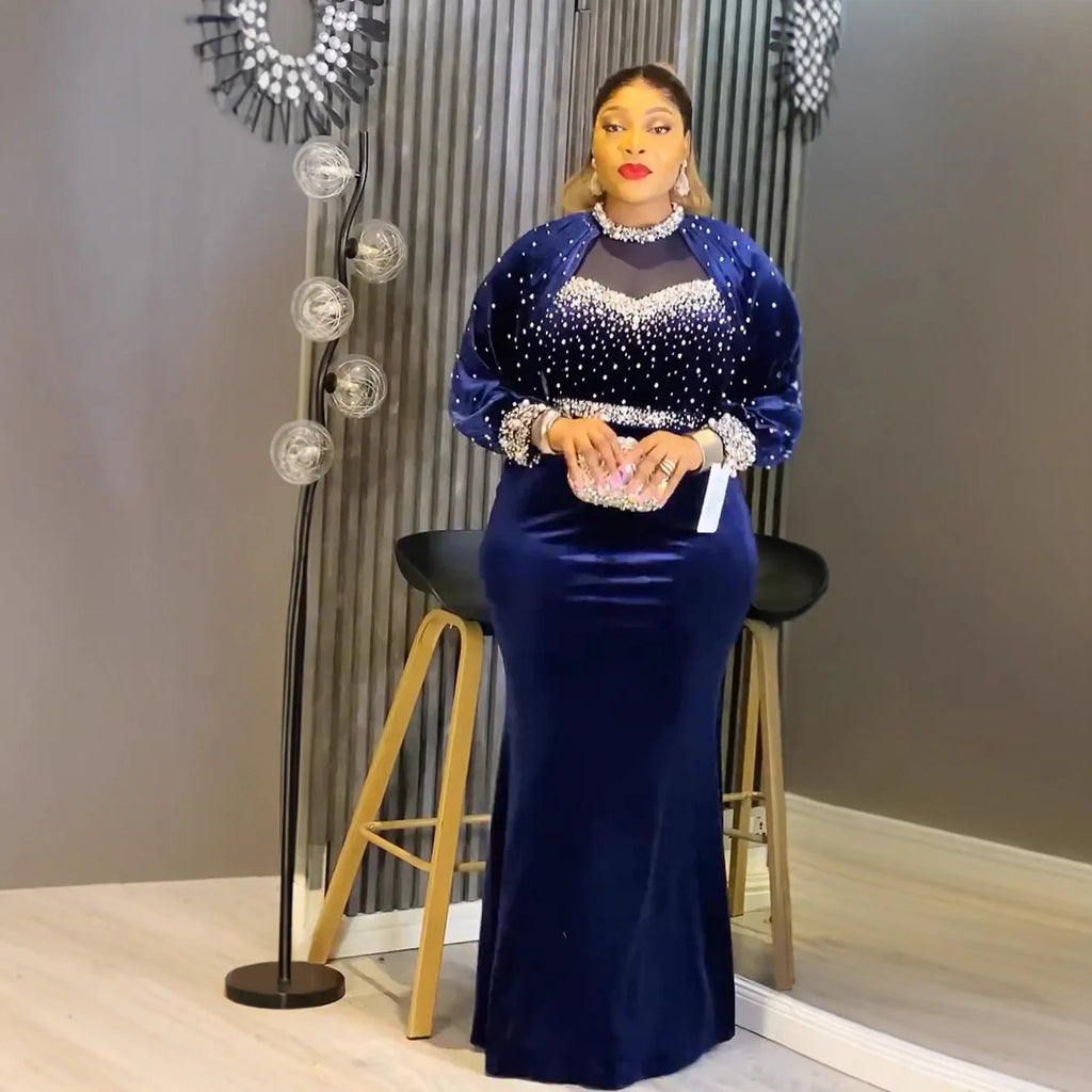 African party dress for women featuring Ankara velvet fabric, plus size maxi gown with elegant dashiki style and intricate embroidery.