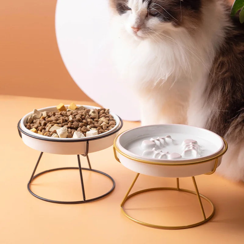 Ceramic cat bowl with high foot design, anti-choking feature, black chin protection, and stylish slow food grain bowl for cats.