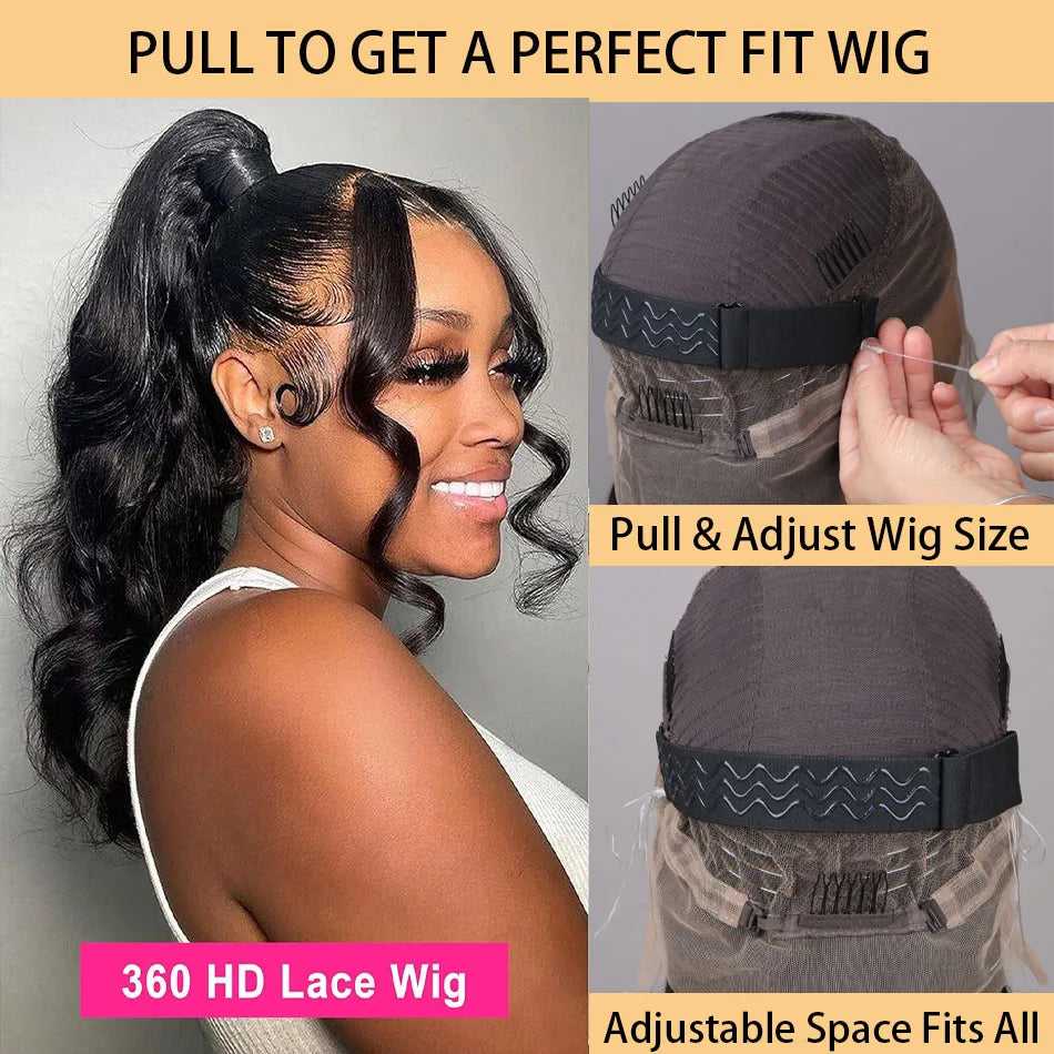 Hidden strap body wave 360 HD full lace human hair wig with pre-plucked Brazilian virgin hair and drawstring for a secure fit