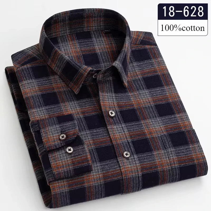 Showlu Fashion men's long-sleeve brushed cotton slim fit plaid shirt with casual striped design and soft, comfortable fabric.