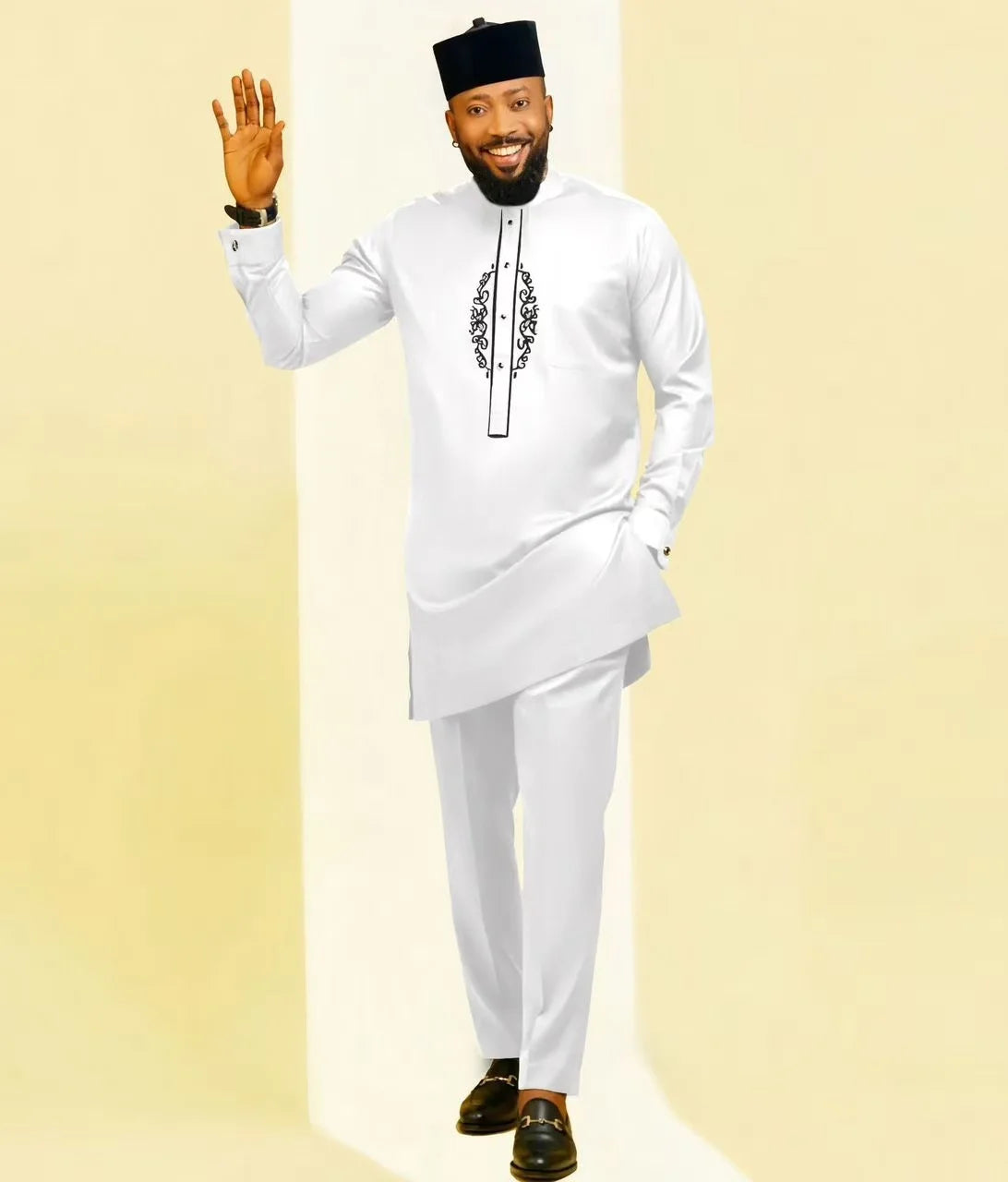 Showlu Men's African cotton blend kaftan set, 2-piece wedding suit with intricate embroidery and traditional design.