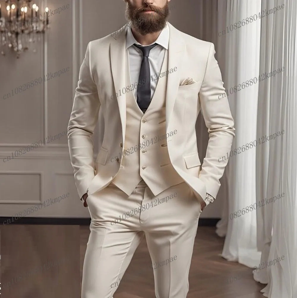 Orange men's formal suit with blazer, vest, and pants, ideal for weddings, parties, and business events by Showlu Fashion.