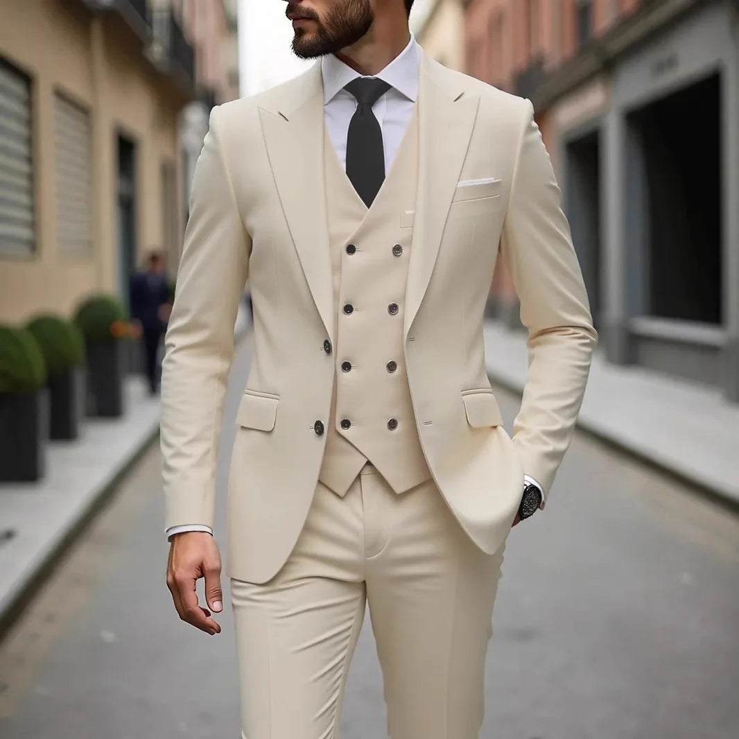 Classic men's wedding tuxedo with slim fit jacket, vest, and pants, ideal for grooms and formal occasions by Showlu Fashion Store