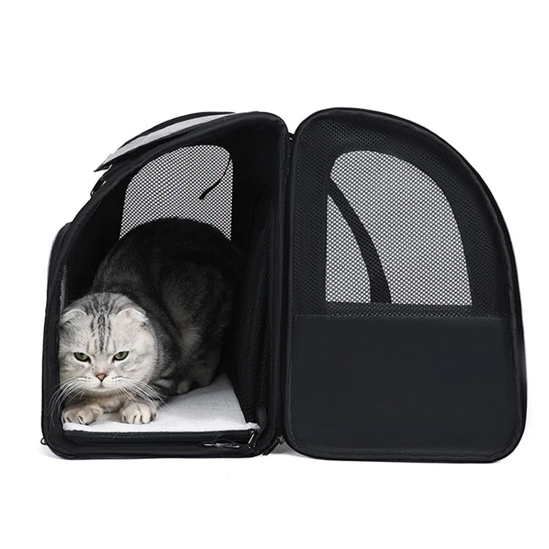 Showlu Fashion JTPAWS expandable cat carrier backpack with breathable Oxford mesh, designed for comfortable pet travel and ventilation.