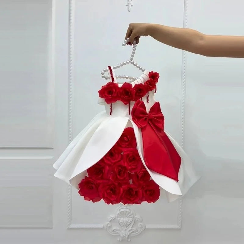Custom 3D Flower Bow Flower Girl Dress For Wedding Formal Pageant Gown Elegant Princess Dress For Kids Birthday Party Ceremony