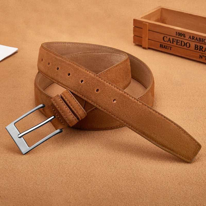 Genuine cow leather belt with classic plaid pattern and pin buckle for men, featuring a stylish Showlu Fashion Store design.