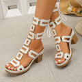 Women Geometric Cutout High Cuff Gladiator Block Heel Sandals Metal Buckle Back Lace Up Platform Open Toe Vacation Party Heels