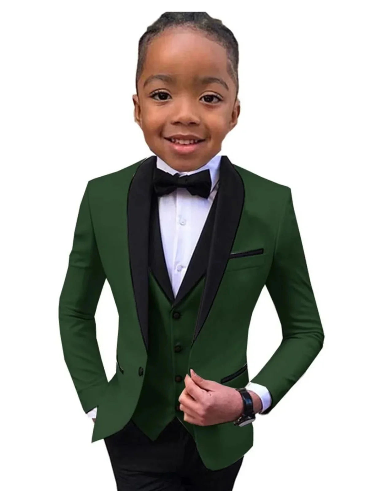 PsyMonster boys' slim fit white suit including jacket, vest, pants, and bowtie, perfect for formal events and special occasions.