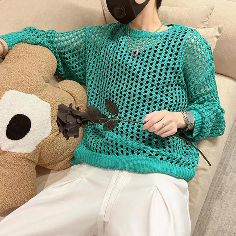 Comfortable Men Shirt Men's Hip Hop Mesh Fishnet Clubwear Top Solid Color Round Neck Long Sleeve See-through Pullover for Men