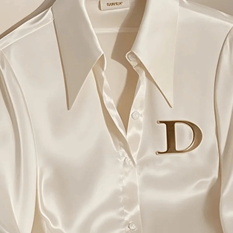 White satin blouse for women with slim fit and long sleeves, ideal for office wear from SHOWLU FASHION STORE.
