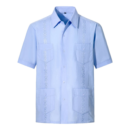 2025 New Summer Men's Guayabera Shirts Four Pockets Embroidered Short Sleeve Shirts for Men Blue Mexican Cuban Button Shirt