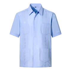 2025 New Summer Men's Guayabera Shirts Four Pockets Embroidered Short Sleeve Shirts for Men Blue Mexican Cuban Button Shirt