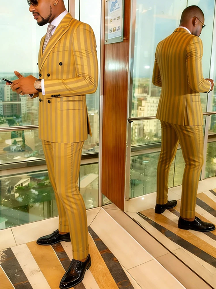 Men's slim fit double-breasted Jacquard suit jacket and pants set, casual wedding and business attire by Showlu Fashion.