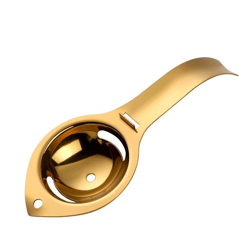 Stainless steel egg separator with handle, used for separating egg yolks and whites for baking and cooking.