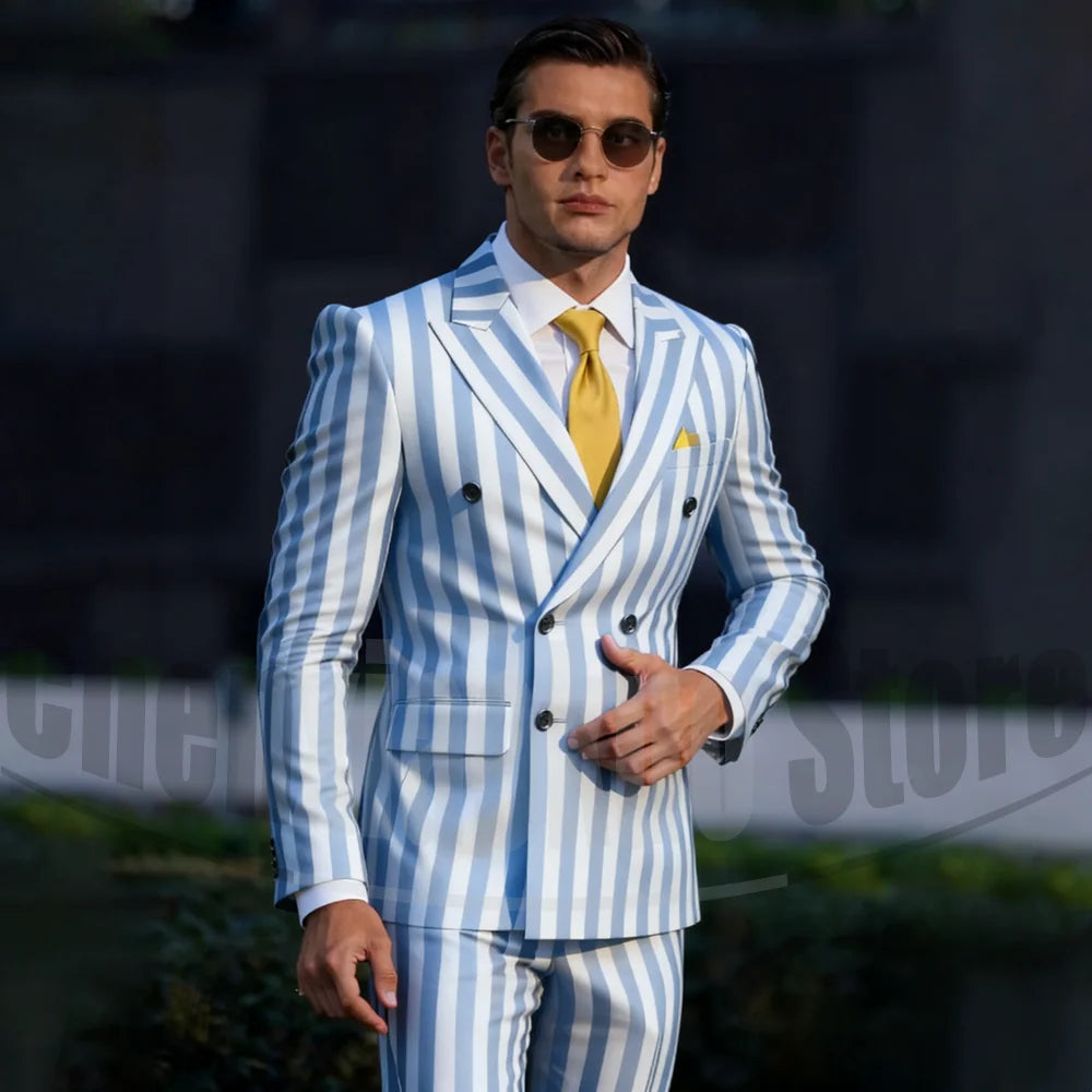 Stylish two-tone striped men's suit by Showlu Fashion featuring double-breasted design, tailored fit, suitable for business or wedding events.