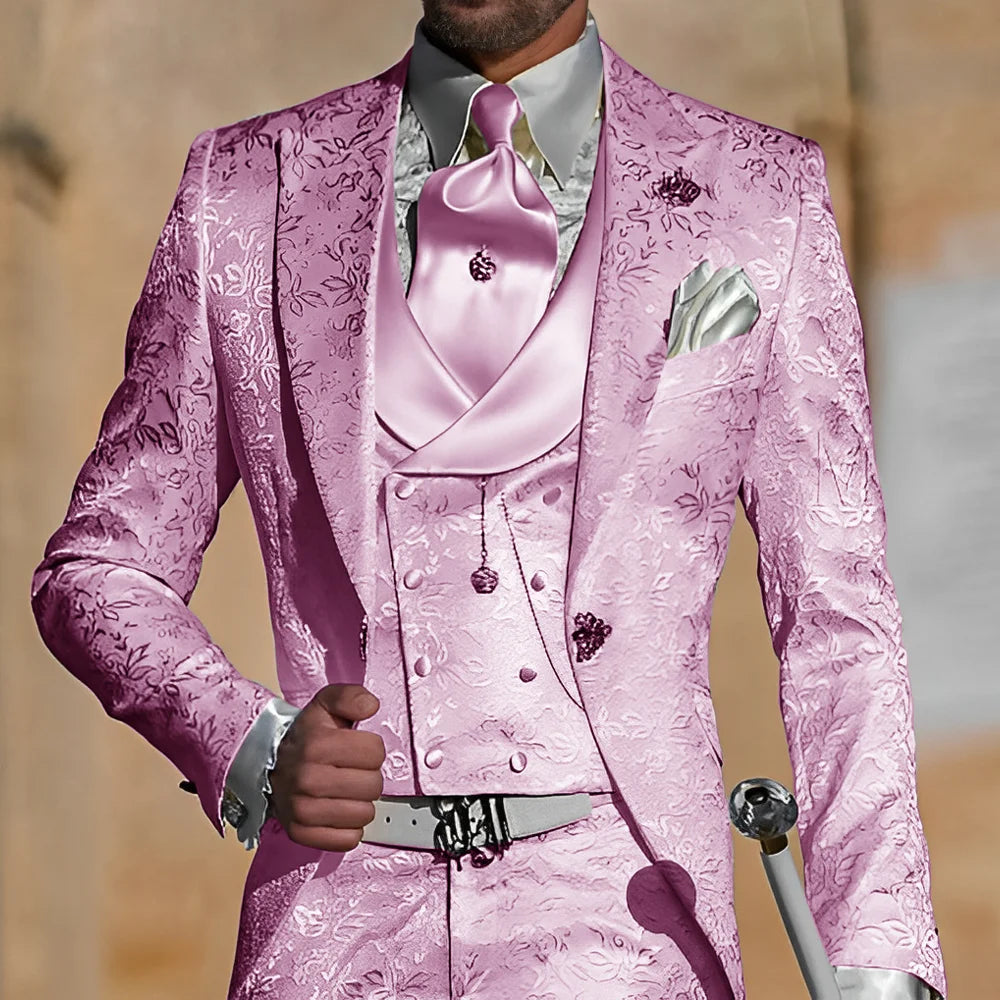 Showlu Fashion Store men's jacquard 3-piece suit featuring formal tuxedo jacket, pants, and vest for groom or wedding occasions.