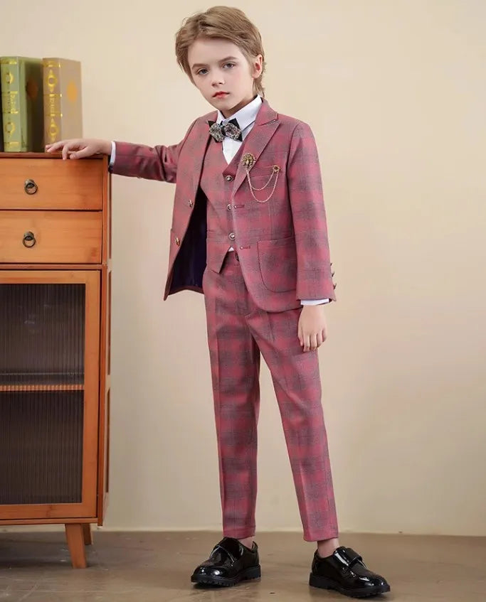 Red boys' tuxedo suit by SHOWLU FASHION STORE, featuring a 3-piece set for kids' weddings and parties, includes jacket, vest, and pants.