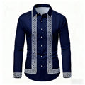 Men's black and white geometric print long-sleeve shirt with slim fit, stylish casual top from Showlu Fashion Store.