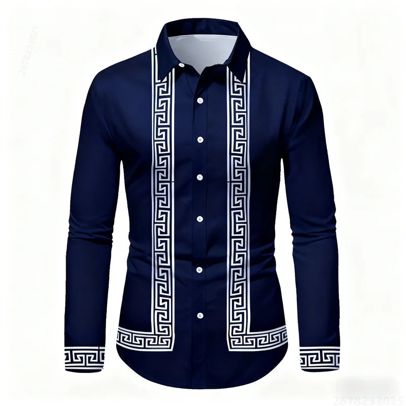 Men's black and white geometric print long-sleeve shirt with slim fit, stylish casual top from Showlu Fashion Store.
