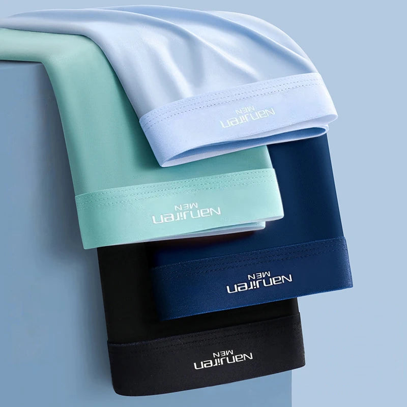 Showlu Men's Ice Silk Boxer Shorts 4-Pack in breathable, lightweight fabric, available in L to 6XL sizes.