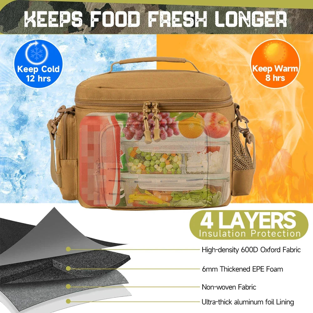 Showlu Tactical Lunch Bag with heavy-duty insulated thermal cooler box in black, featuring durable fabric and secure zipper closure.