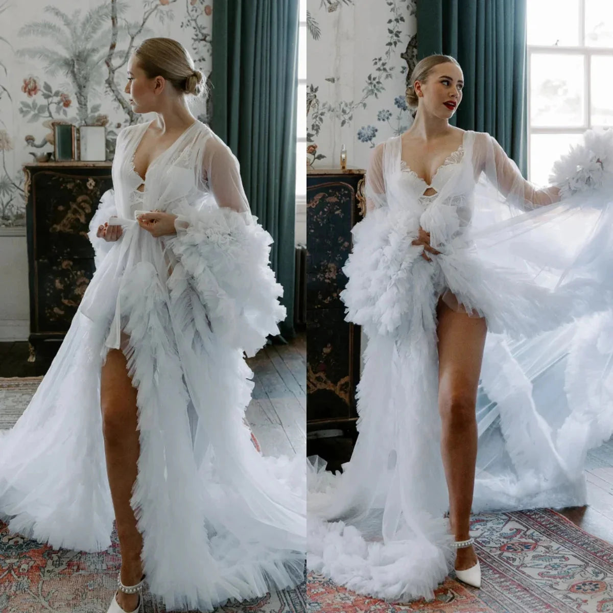 Boho tulle maternity bridal gown with ruffle dressing robe, SHOWLU FASHION STORE, elegant and flowing design for special occasions.