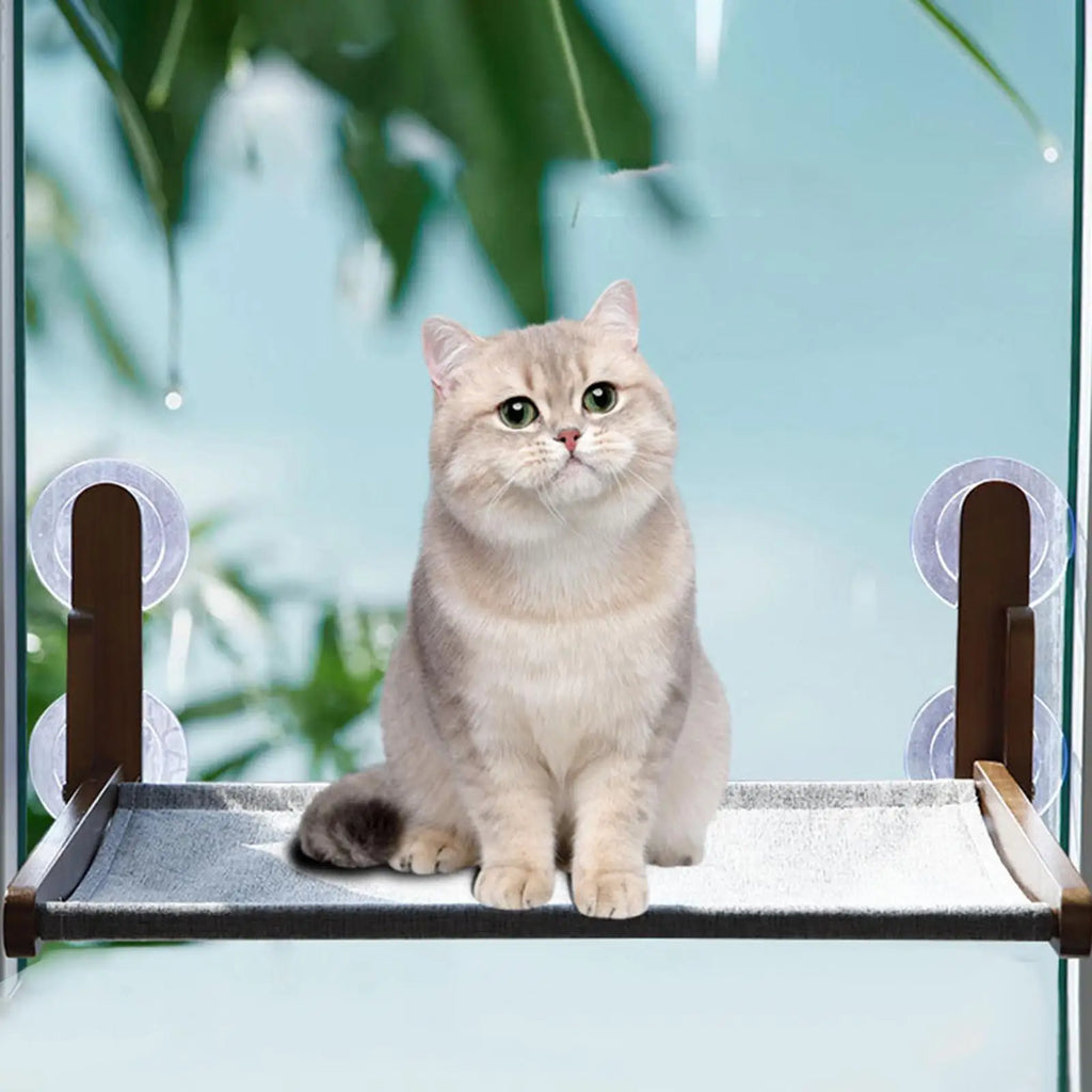 Wooden cat window hammock from Showlu Fashion Store with foldable sunbath perch bed, designed for comfortable feline lounging by the window.