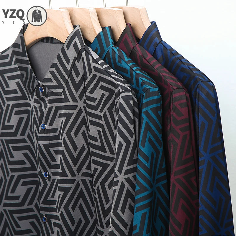 Men's casual printed long-sleeve lapel shirt by Showlu Fashion, comfortable, wrinkle-free spring and autumn top, without ironing.