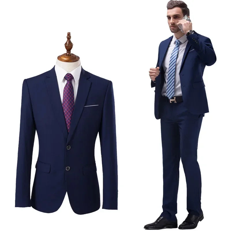 Showlu Fashion men's blazer and trousers set in solid color, suitable for office, casual, or wedding occasions.