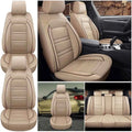 Showlu universal 5-seat PU leather car seat covers set, full protection, with black and gray fabric for a stylish vehicle interior.