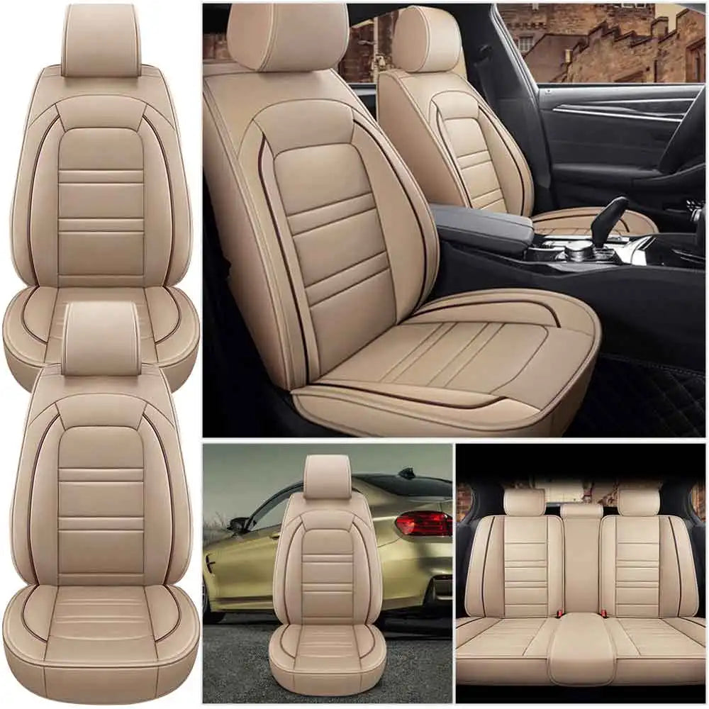Showlu universal 5-seat PU leather car seat covers set, full protection, with black and gray fabric for a stylish vehicle interior.