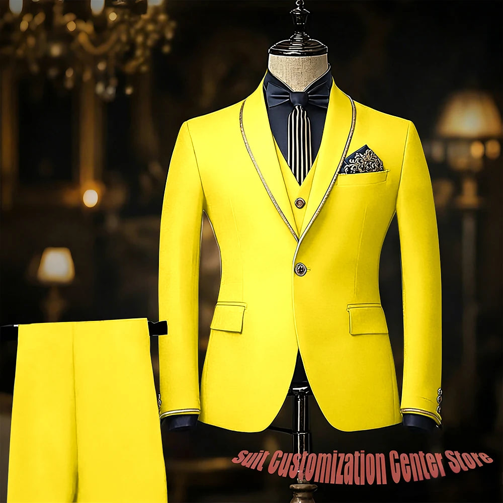 Navy blue men's suit set with jacket, vest, and pants featuring slim fit, single-breasted design, shawl lapel for formal occasions