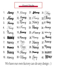 A chart displaying forty different font styles for nameplate necklaces labeled with the name Nancy.